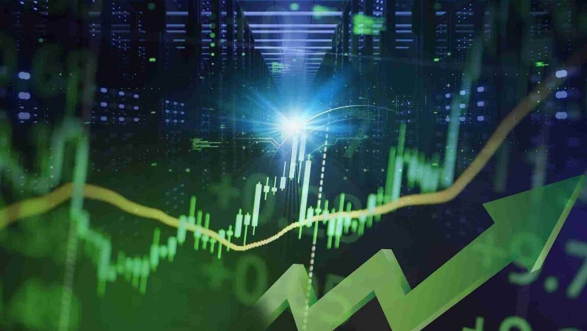 A bright light at the center surrounded by green trading charts and ascending arrows