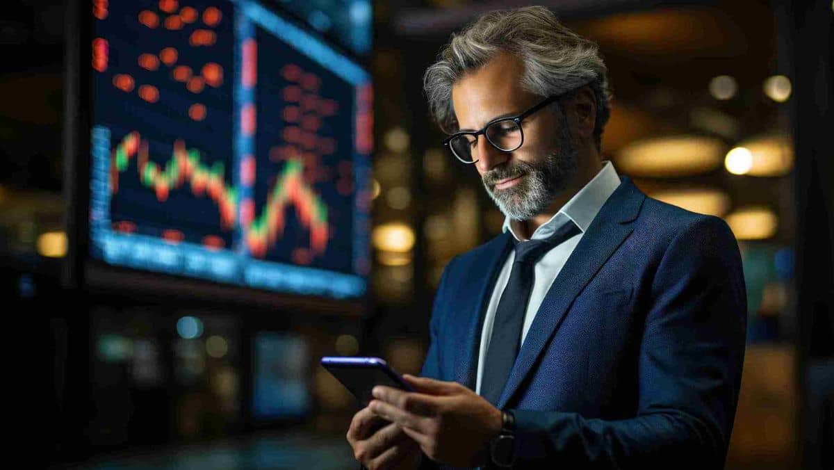 A gentleman in a navy blue suit glancing at his phone against the backdrop of a blurred trading screen