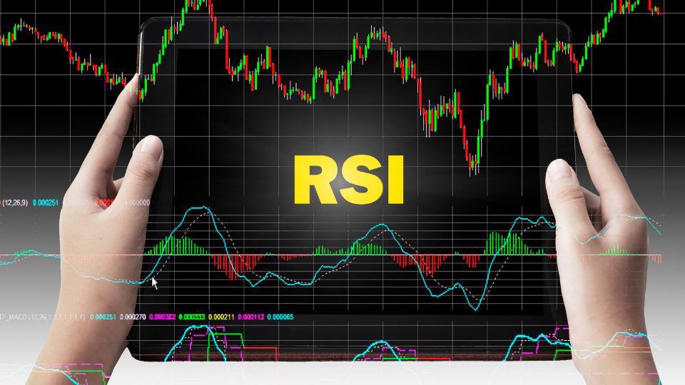 A persons hands framing a section of a stock market chart with an RSI indicator highlighting the area for analysis or focus
