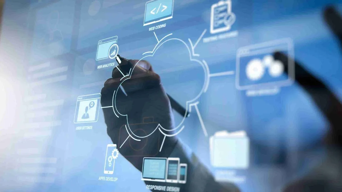 A screen featuring technology related icons where an individual interacts by touching it with a stylus