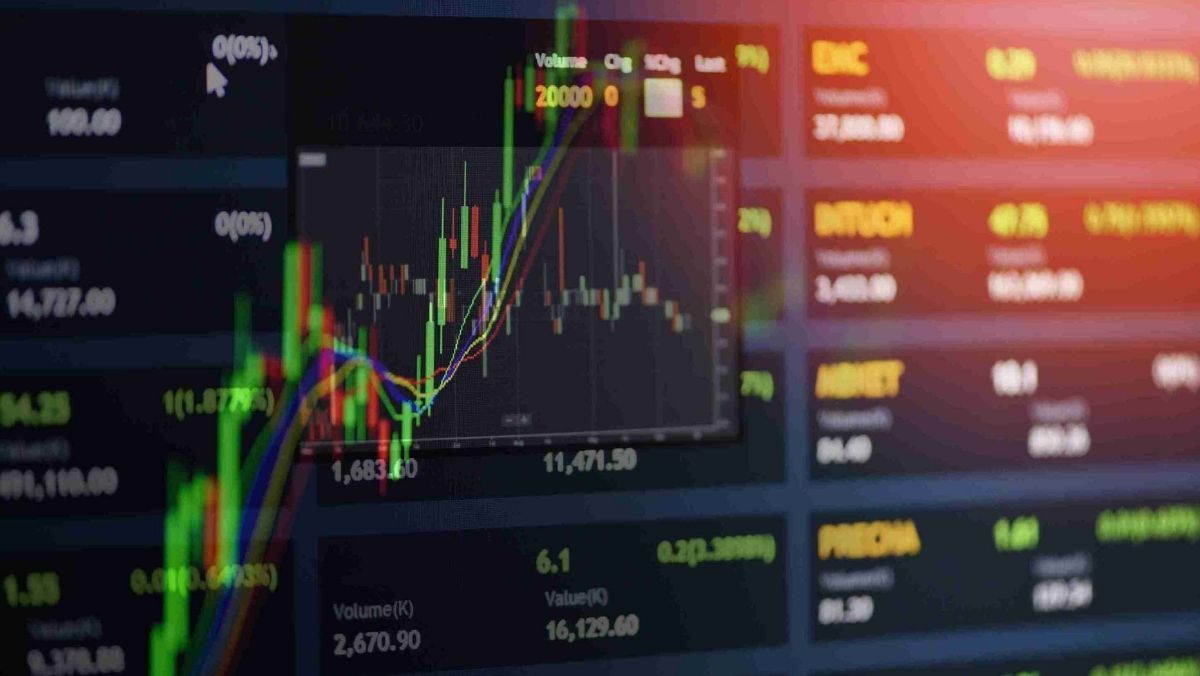 A trading chart in front of the stock exchange market data