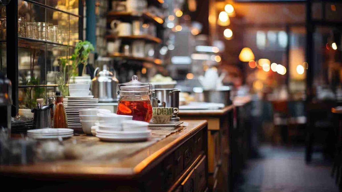 An arrangement of glassware and kitchenware under the warm glow of yellow lights