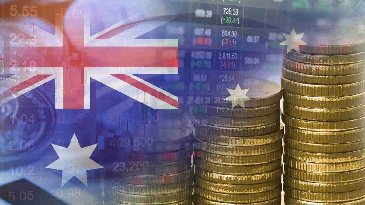 Australian flag, stack of coins, and Forex data on the background