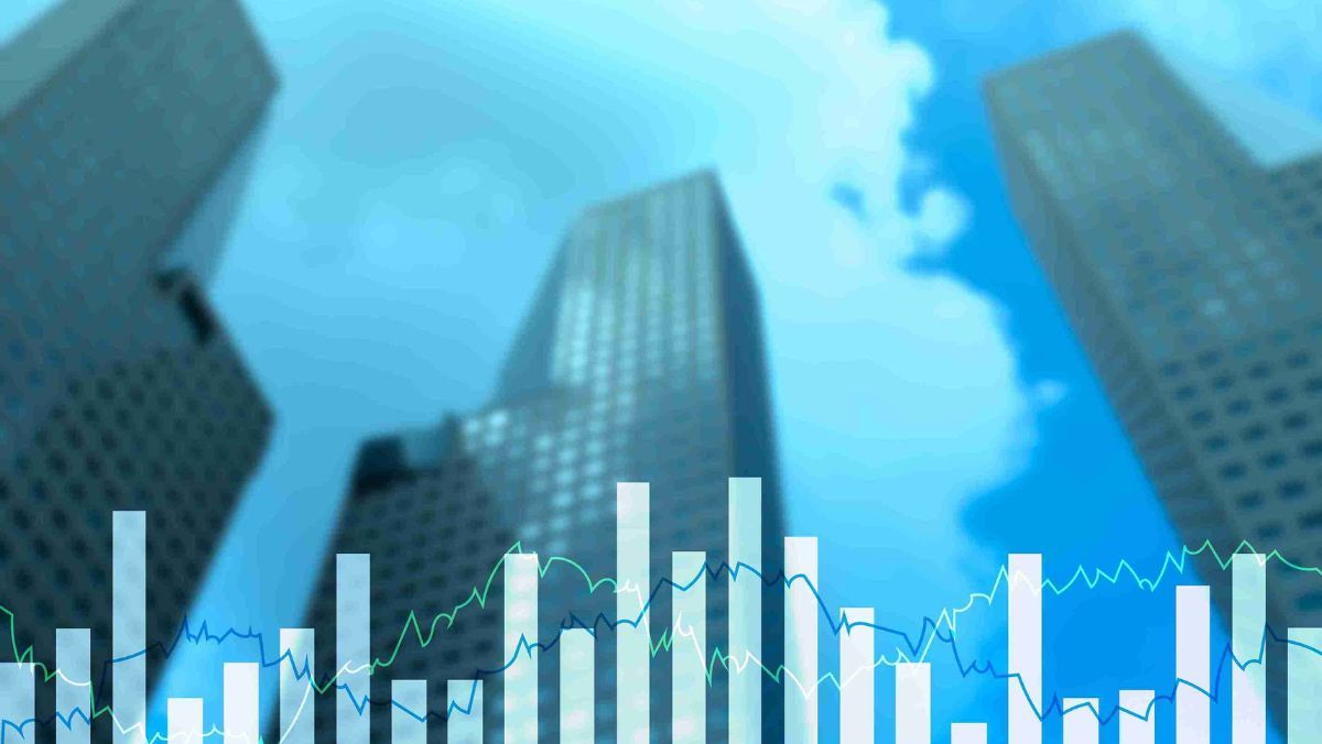 Big buildings far away and bar graphs at the bottom of the picture