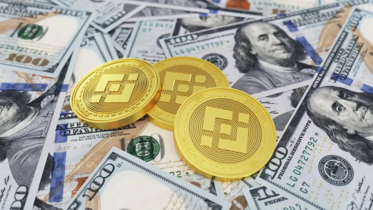 Binance Coin Symbol And Dollars. 3D Illustration of Gold Binance Coin And One Hundred Dollars Background. 3D rendering