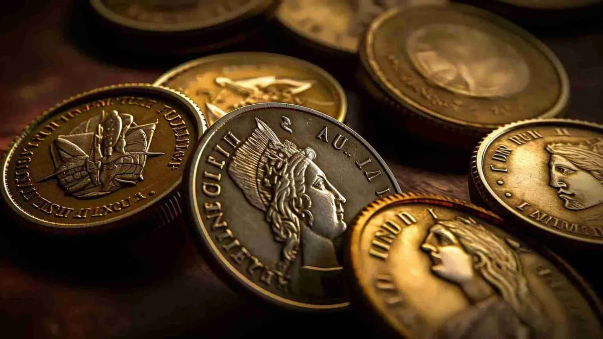 Close up view of worn out collectable coins scattered on a flat surface