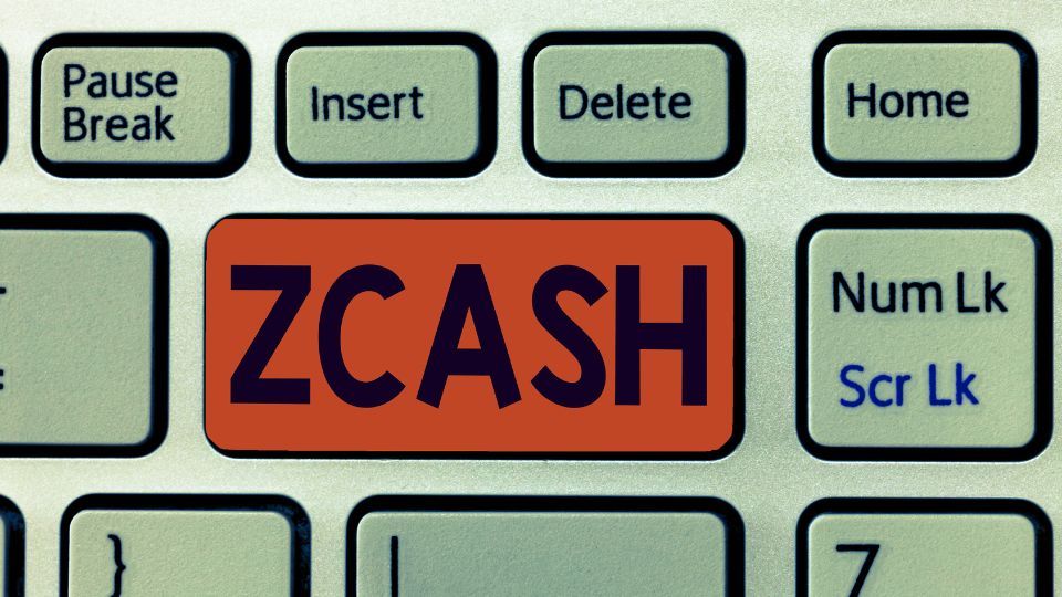 Computer keyboard with an orange 'ZCASH' key in the center, highlighting cryptocurrency branding.