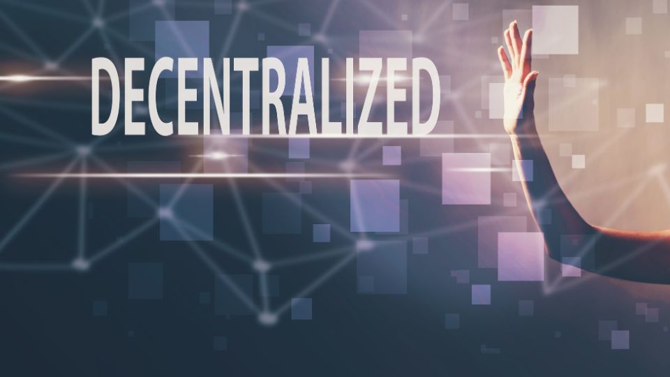 Graphic concept of decentralization with interconnected nodes and a hand reaching towards the network