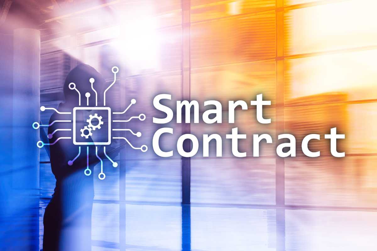 Graphic of a microchip with the words Smart Contract  over a blurred silhouette of a person and a modern building background