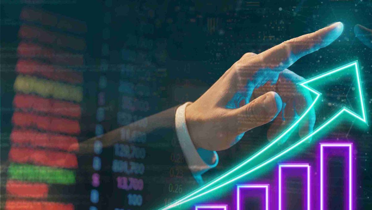 Pointing finger and arrow aiming upward against a stock market backdrop