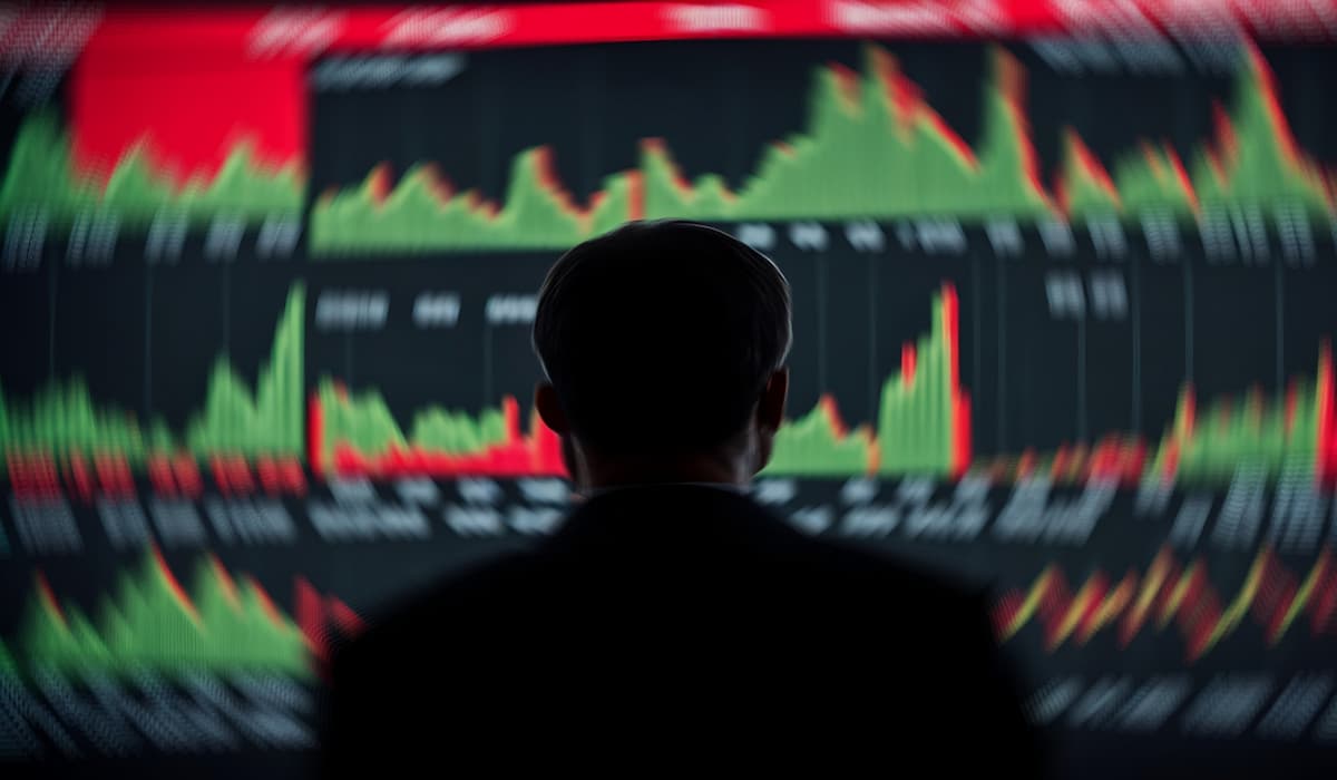 The person silhouette with fluctuating red and green stock charts, symbolizes uncertainty.