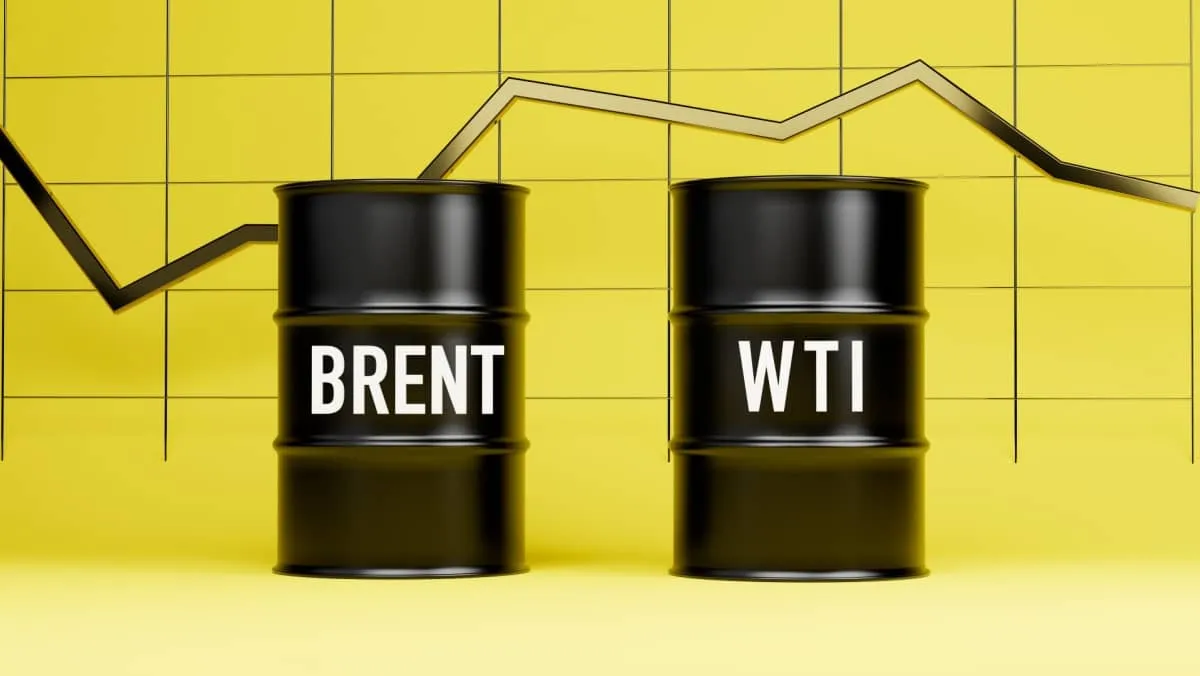 Two barrels of oil of different grades. Brent oil and wti oil. black barrels on a yellow background with a graph