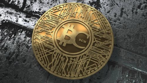 3D render of a Bitcoin Cash taking centre stage set on a rough surface