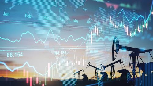Rise in gasoline prices concept with double exposure of digital screen with financial chart graphs and oil pumps on a field
