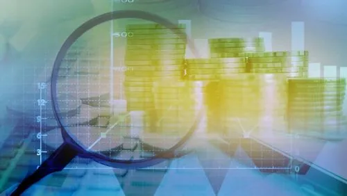 Double exposure concept of coins proof staking and a magnifying glass